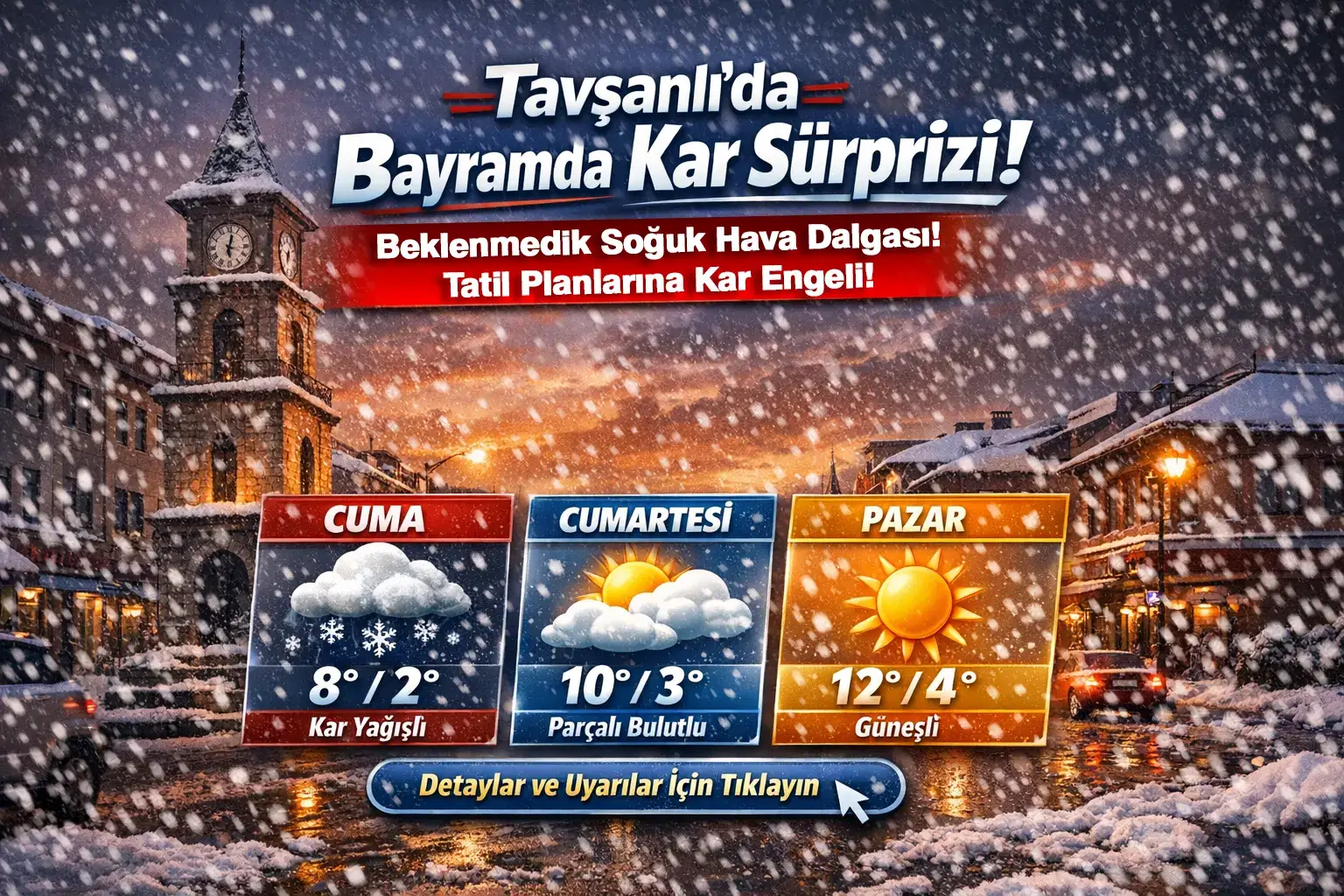 Kütahya Tavşanlı için 2026 Ramazan Bayramı tatilini kapsayan kar, yağmur ve parçalı bulutlu meteoroloji hava durumu tahmin ikonları ve sıcaklık kolajı.