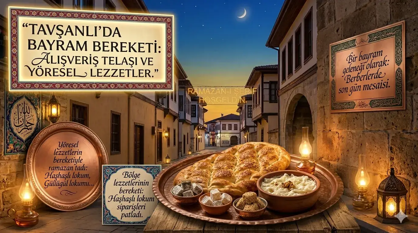 Kütahya Tavşanlı yöresel haşhaşlı lokum, güllaç ve Ramazan pidesiyle donatılmış, arka planda tarihi Tavşanlı sokaklarının yer aldığı bayram alışverişi ile berber telaşını anlatan görsel.