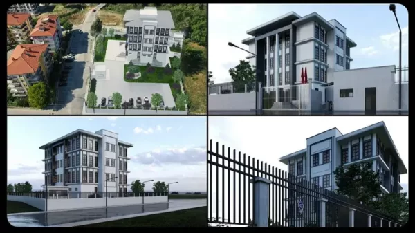 Kütahya Tavşanlı'ya inşa edilecek olan yeni ve modern İlçe Emniyet Amirliği hizmet binasının 4 farklı açıdan mimari proje kolaj görüntüsü.