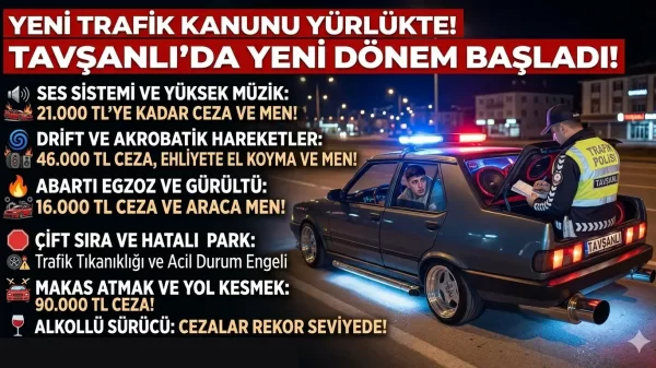 Kütahya Tavşanlı'da modifiyeli araç sahipleri, ses sistemi tutkunları ve yüksek müzik dinleyenlere yönelik artan yeni trafik cezaları ile polis denetimi görseli.