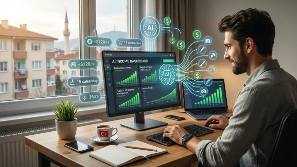 Yapay zeka ile para kazanmak için evden bilgisayar başında çalışan ve artan gelir grafiklerini izleyen genç girişimci.